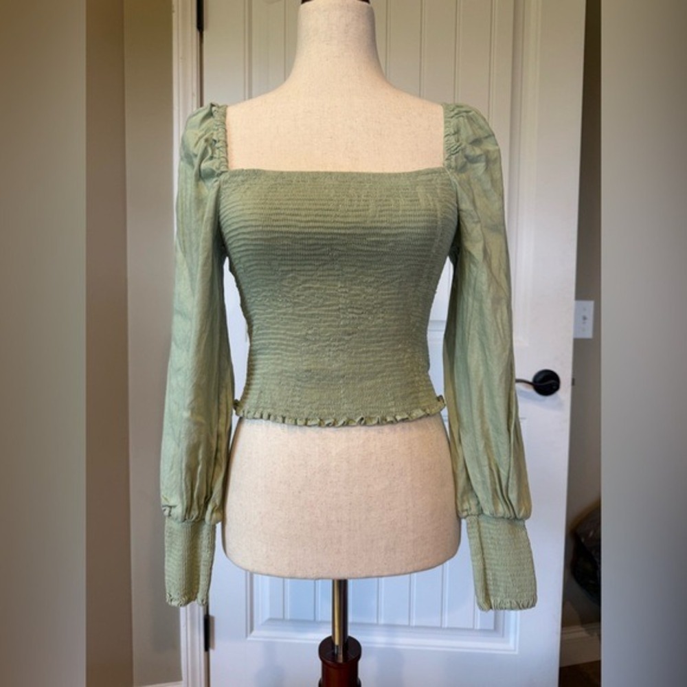 giannibini Green Smocked Square Neck Puff‎ Sleeve Crop Top Women's Size S